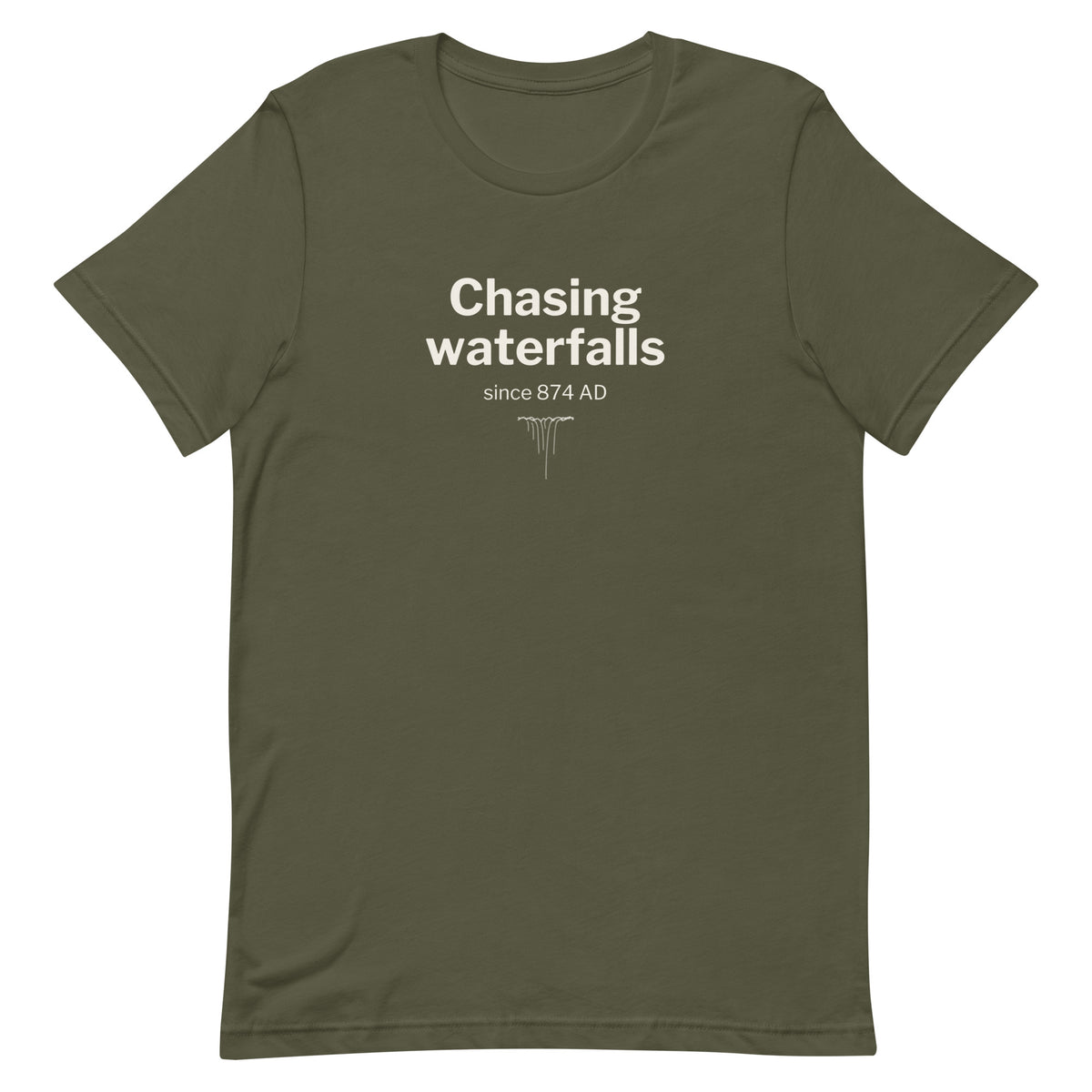 Front view of the Military Green Chasing Waterfalls Since 874 AD T-shirt, showing the front print.