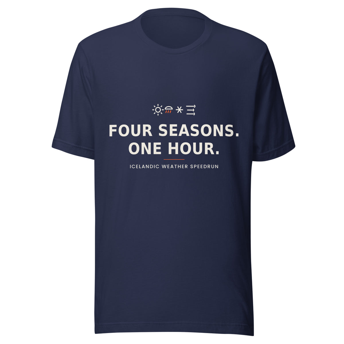 Front view of the Navy Four Seasons. One Hour. T-shirt, showing the front print.