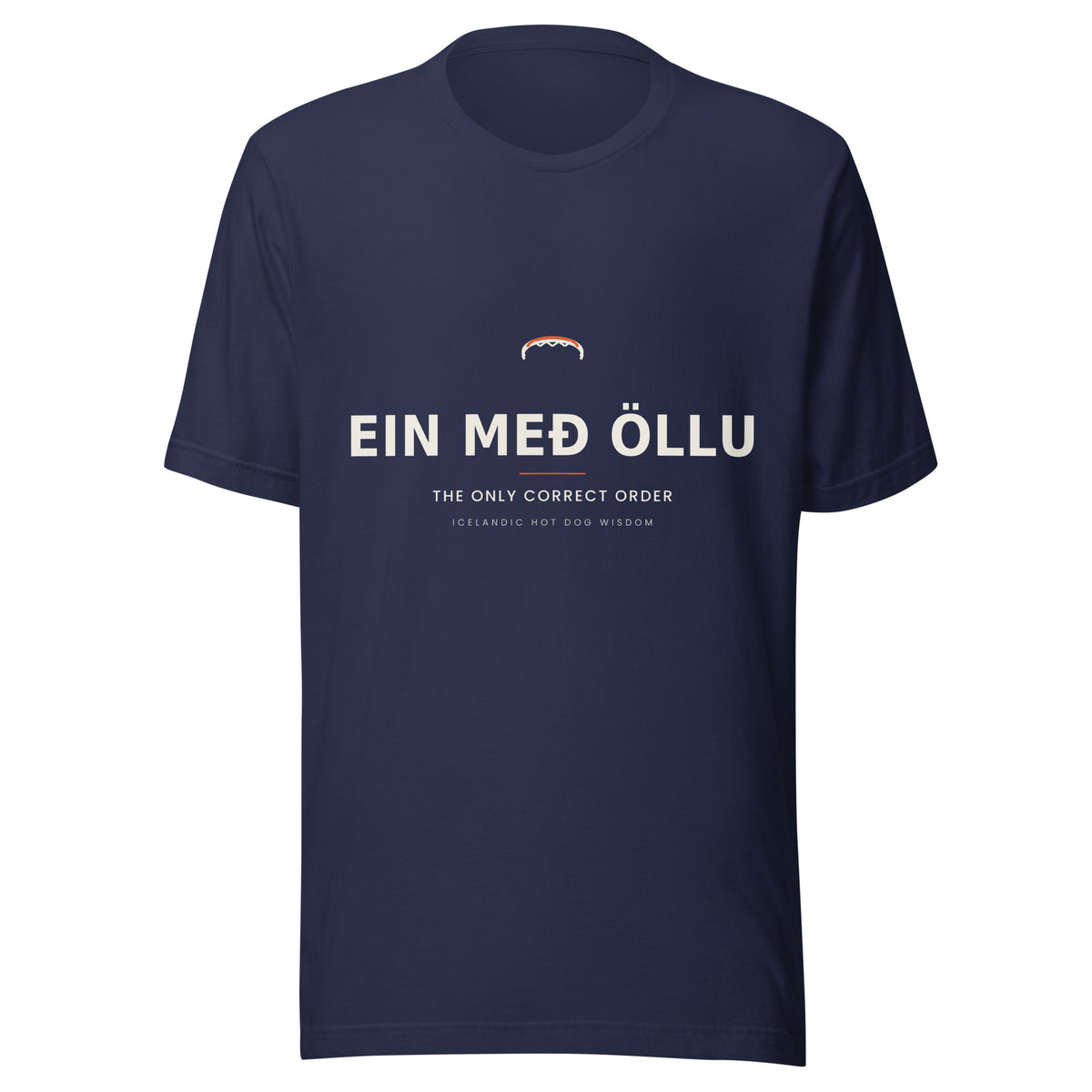 Front view of the Navy Ein með öllu T-shirt, showing the front print.