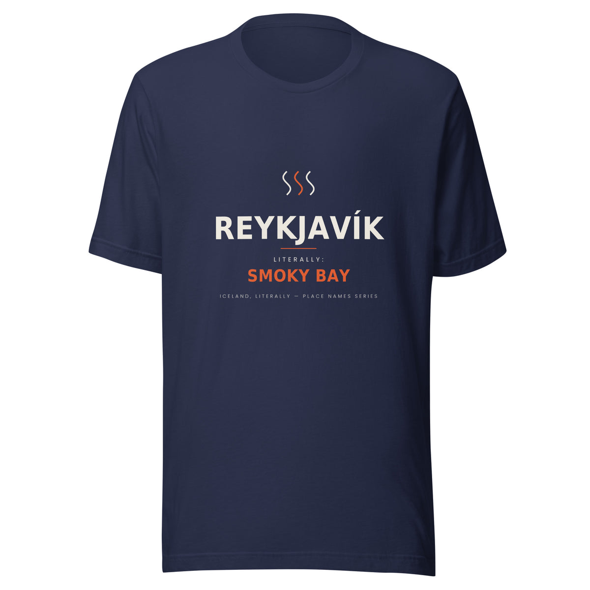 Front view of the Navy Reykjavík T-shirt, showing the front print.