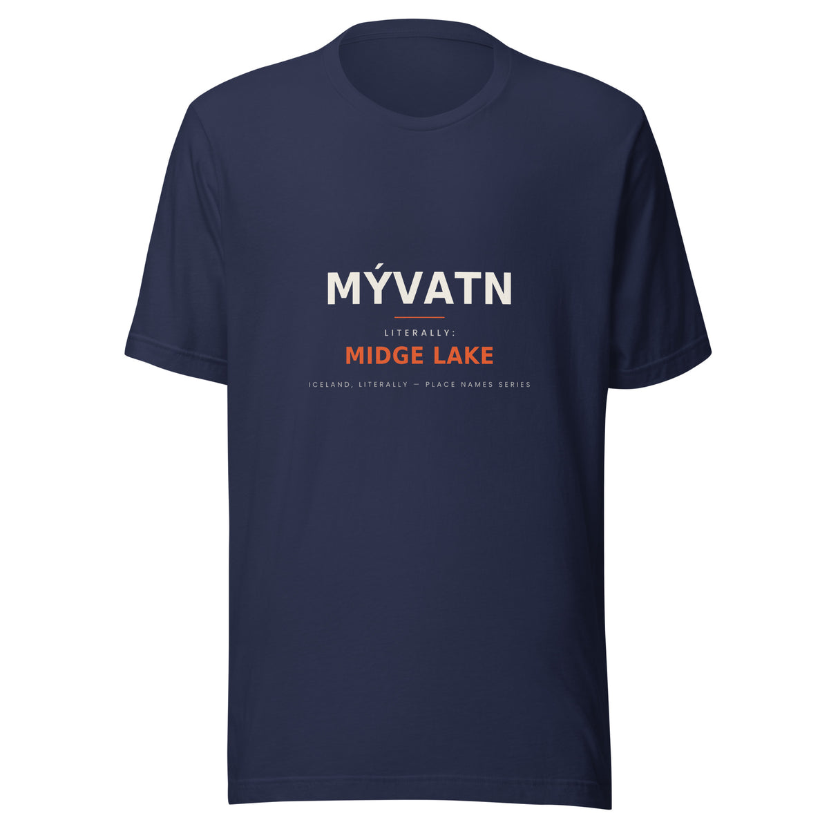 Front view of the Navy Mývatn T-shirt, showing the front print.